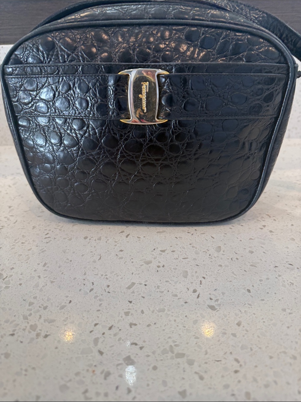 Authentic Ferragamo Black Leather Crocodile Print Shoulder Bag